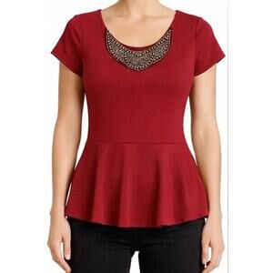Say Anything Womens Y2K Top Jeweled Red Short Sleeve Peplum Scoop Neck Size XL